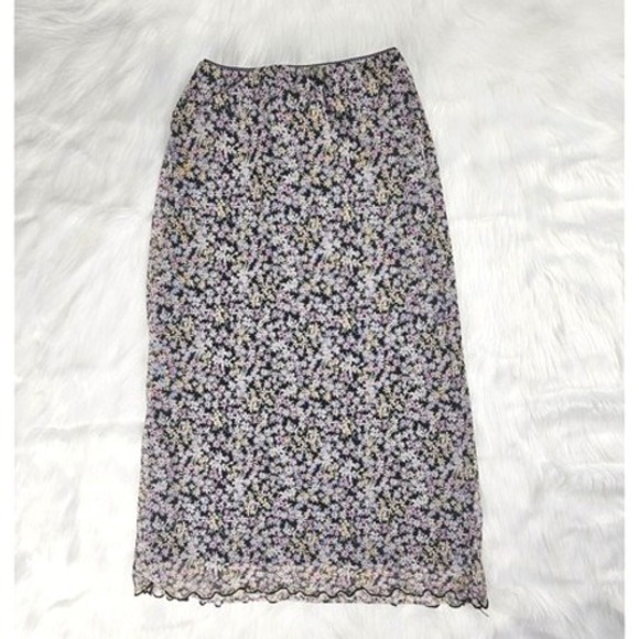 Floral Print Maxi Skirt Black Sheer Overlay Lined Lightweight - Picture 1 of 4